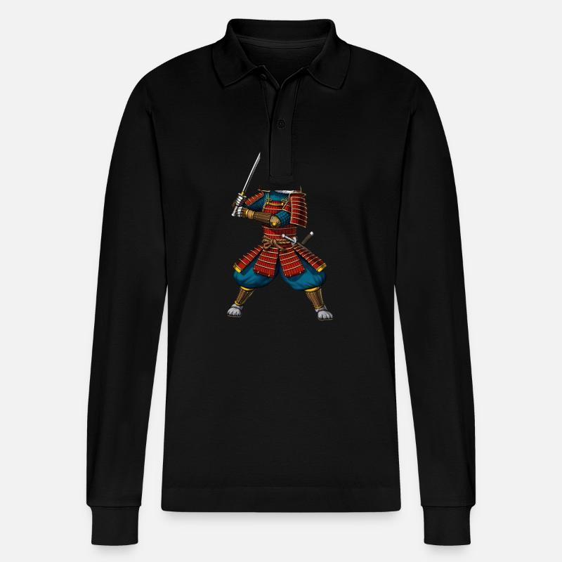 Katze Japanischer Samurai Ninja - Stanley/Stella Unisex Bio-Langarm-Poloshirt Prepster - Schwarz