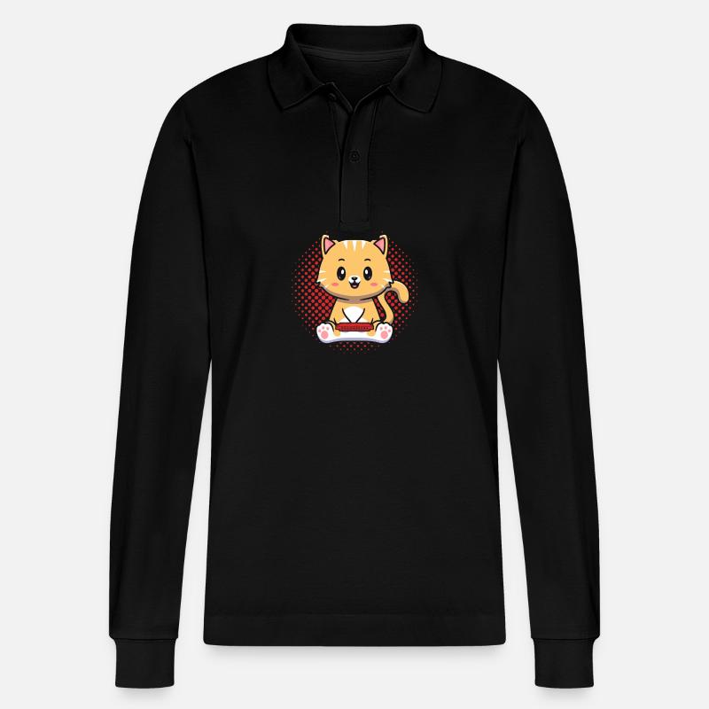Harmonica Cat Cat Harmonica - Stanley/Stella Organic Unisex Long-Sleeved Polo Shirt Prepster - black