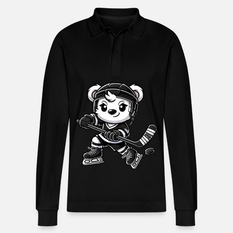 Eisbär Chibi Eishockeyspieler - Stanley/Stella Unisex Bio-Langarm-Poloshirt Prepster - Schwarz