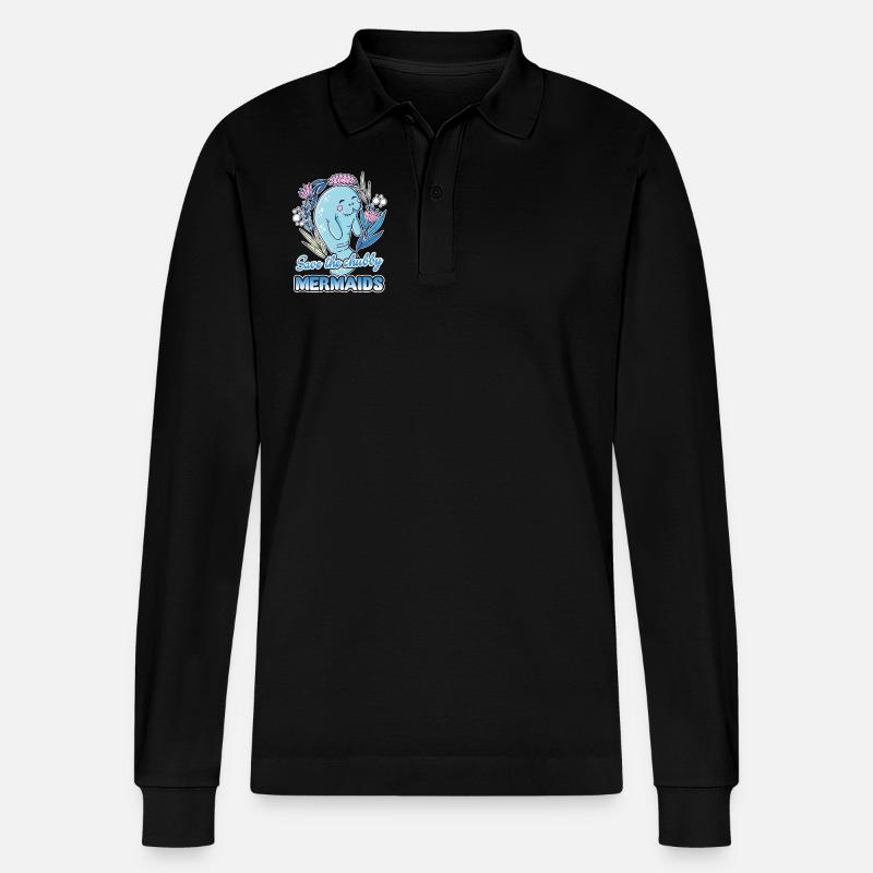 Manatee Save Chubby Mermaids - Stanley/Stella Organic Unisex Long-Sleeved Polo Shirt Prepster - black