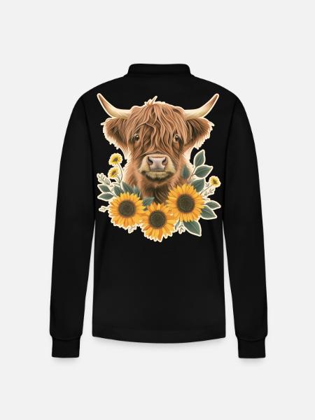 Highland cattle with flowers - Stanley/Stella Organic Unisex Long-Sleeved Polo Shirt Prepster - black