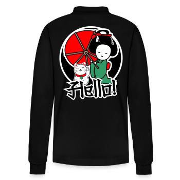 Japanese cat and women are friends - Stanley/Stella Organic Unisex Long-Sleeved Polo Shirt Prepster - black - Back - Anna (173cm)