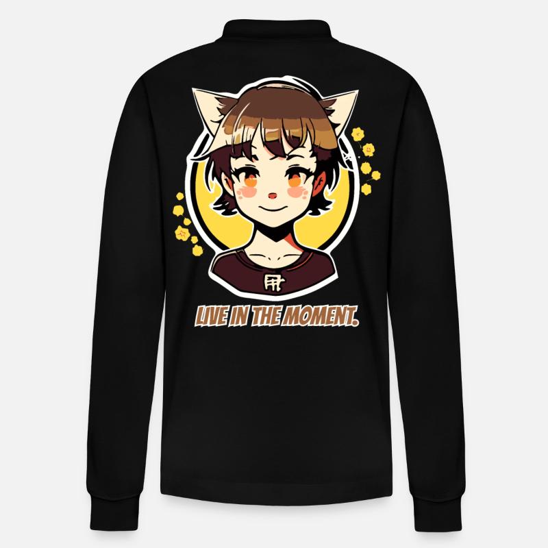 Lebe im Moment, Katzen-mädchen - Stanley/Stella Unisex Bio-Langarm-Poloshirt Prepster - Schwarz