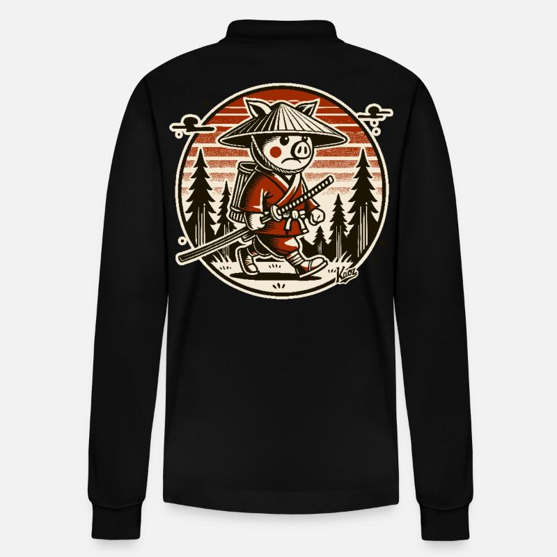 Samurai-Schwein Ronin auf Wanderschaft - Stanley/Stella Unisex Bio-Langarm-Poloshirt Prepster - Schwarz