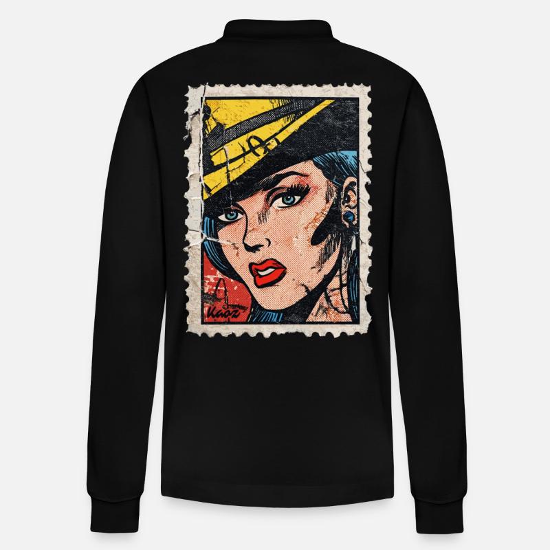 Pop-Art Frau mit Hut auf Retro-Comic Briefmarke - Stanley/Stella Unisex Bio-Langarm-Poloshirt Prepster - Schwarz