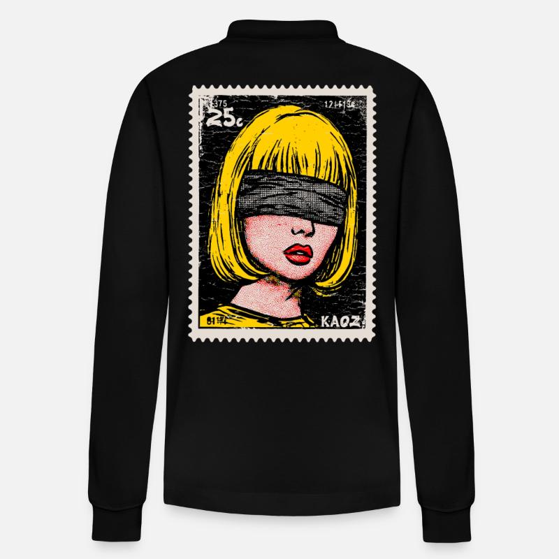 Frau mit Augenbinde im Pop-Art Briefmarke - Stanley/Stella Unisex Bio-Langarm-Poloshirt Prepster - Schwarz