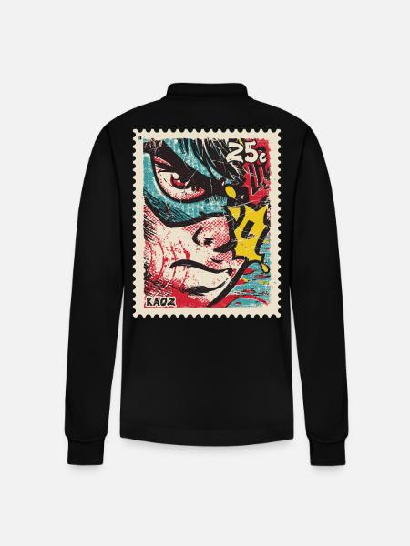 Comic-Held als Retro-Briefmarke - Stanley/Stella Unisex Bio-Langarm-Poloshirt Prepster - Schwarz