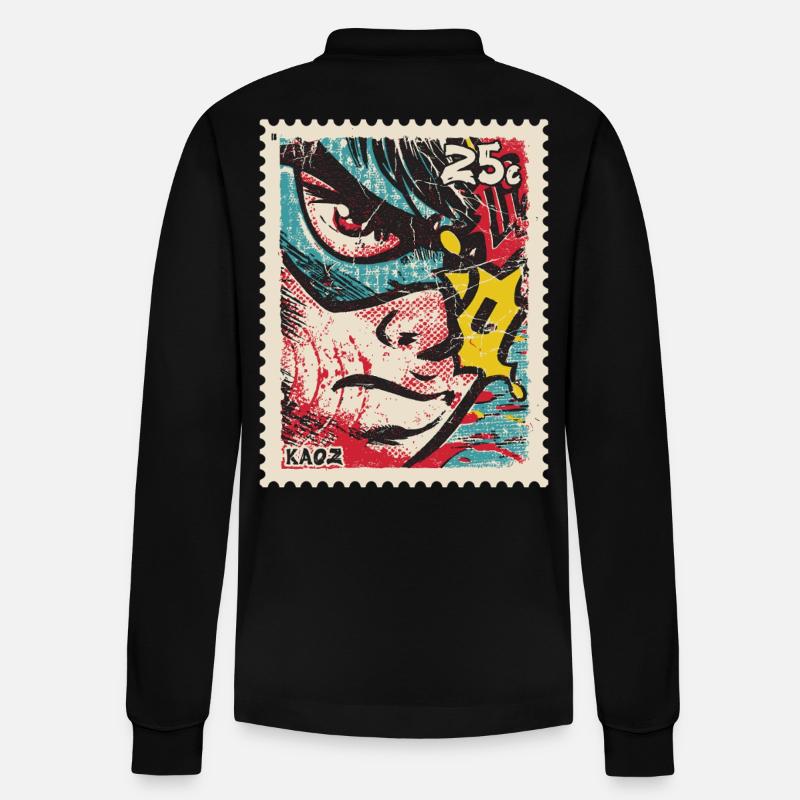 Comic-Held als Retro-Briefmarke - Stanley/Stella Unisex Bio-Langarm-Poloshirt Prepster - Schwarz