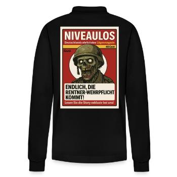 Satire Magazin mit Zombie Soldat und Schlagzeile - Stanley/Stella Unisex Bio-Langarm-Poloshirt Prepster - Schwarz - Hinten - Anna (173cm)