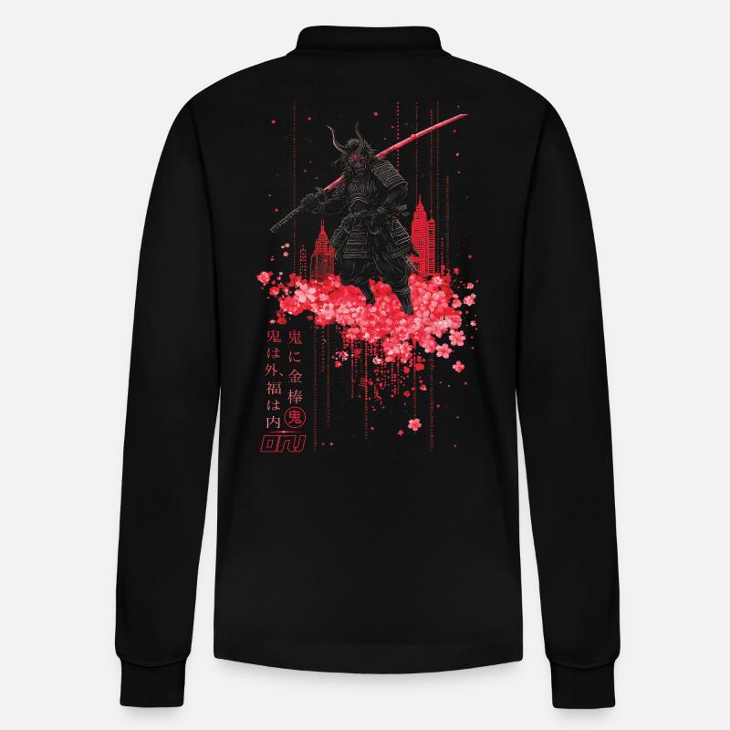 Oni - samurai mit Sakura Kirschblüten - Stanley/Stella Unisex Bio-Langarm-Poloshirt Prepster - Schwarz