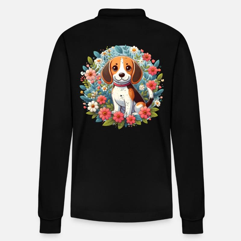 Beagle Blumen - Stanley/Stella Unisex Bio-Langarm-Poloshirt Prepster - Schwarz