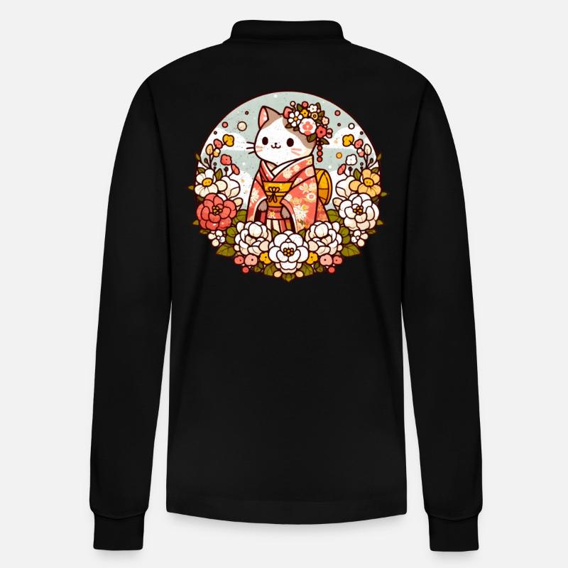 Kimono chat avec des fleurs - Polo à manches longues bio PREPSTER Stanley/Stella Unisexe - noir