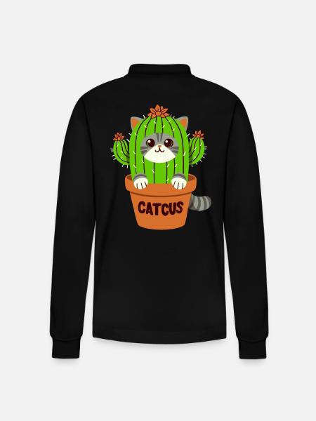 Cat Cactus Pun - Catcus - Stanley/Stella Organic Unisex Long-Sleeved Polo Shirt Prepster - black