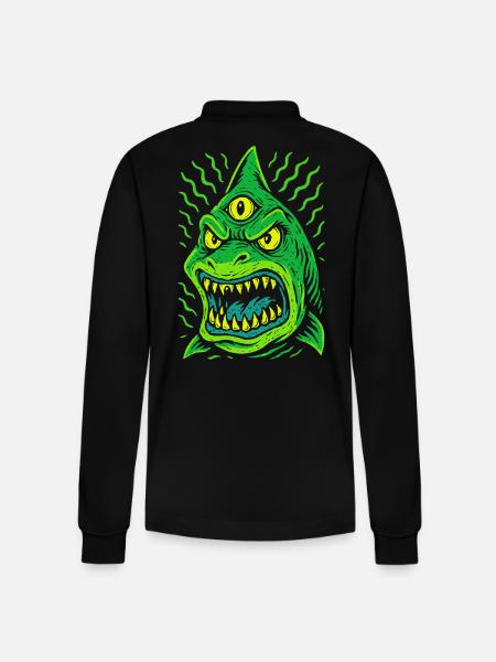 Three-eyed neon shark with fangs - Stanley/Stella Organic Unisex Long-Sleeved Polo Shirt Prepster - black