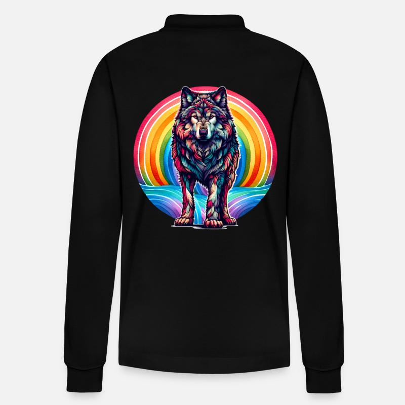 Regenbogen Wolf Wölfe - Stanley/Stella Unisex Bio-Langarm-Poloshirt Prepster - Schwarz