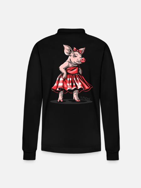 Miss 50s Rockabilly Pig in Plaid Dress - Stanley/Stella Organic Unisex Long-Sleeved Polo Shirt Prepster - black