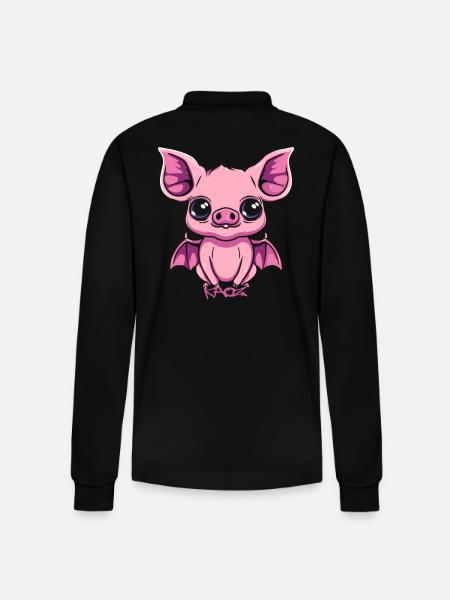 Cute Bat Pig Gargoyle - Stanley/Stella Organic Unisex Long-Sleeved Polo Shirt Prepster - black