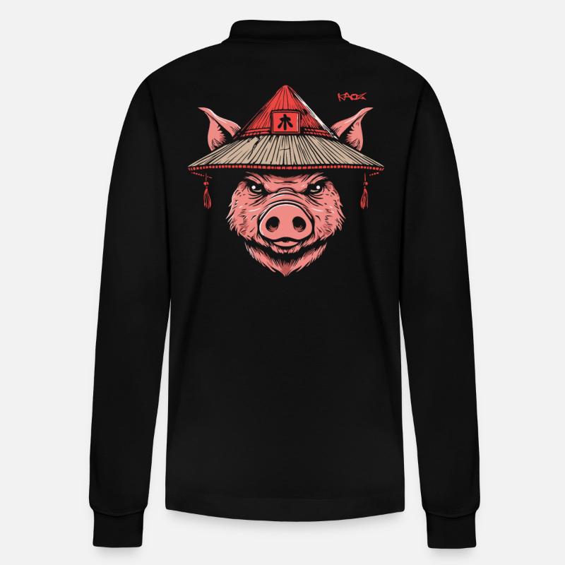 Asiatischer Bauer, ein Schwein - Stanley/Stella Unisex Bio-Langarm-Poloshirt Prepster - Schwarz