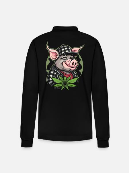 Checkered Cannabis Weed Pig - Stanley/Stella Organic Unisex Long-Sleeved Polo Shirt Prepster - black