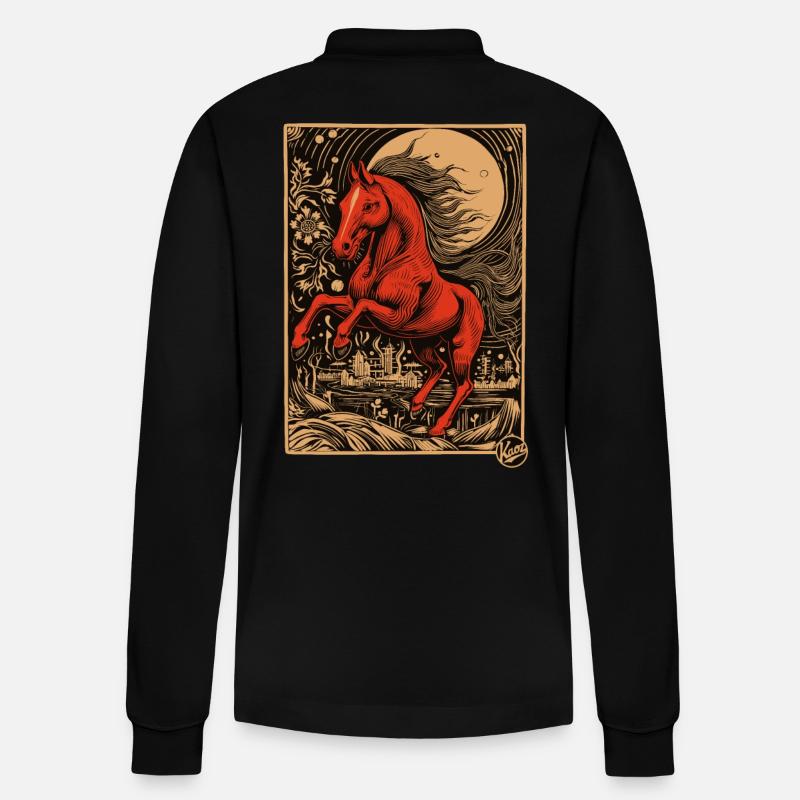 Holzschnitt, ein rotes Pferd - Stanley/Stella Unisex Bio-Langarm-Poloshirt Prepster - Schwarz