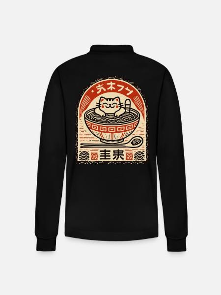 Sød kat i Ramen Ukiyo-e Streetwear Art - Stanley/Stella Prepster økologisk unisex langærmet poloshirt - sort