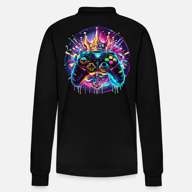 Synthwave Gamer Controller mit Krone - Stanley/Stella Unisex Bio-Langarm-Poloshirt Prepster - Schwarz