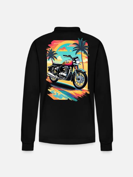 Retro motorcykel på en tropisk strand - Ekologisk långärmad pikétröja Prepster unisex från Stanley/Stella - svart