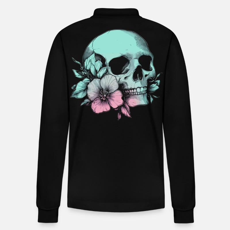 Pastell-Schädel mit Blume & Stil - Stanley/Stella Unisex Bio-Langarm-Poloshirt Prepster - Schwarz