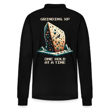 XP Grind: Grip by Grip | Bouldering Pixel Art - Stanley/Stella Organic Unisex Long-Sleeved Polo Shirt Prepster - black - Back - Anna (173cm)