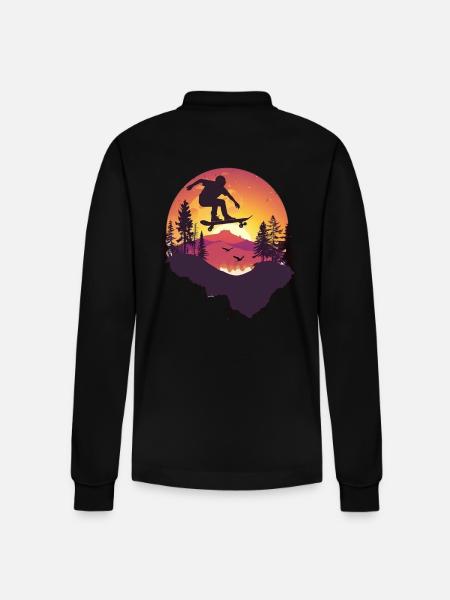 Skateboarder Silhouette Sunset - Stanley/Stella Organic Unisex Long-Sleeved Polo Shirt Prepster - black