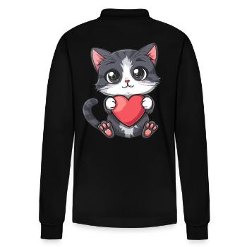 Cute Kitten Holding Heart with Big Eyes and Pink - Stanley/Stella Organic Unisex Long-Sleeved Polo Shirt Prepster - black - Back - Anna (173cm)