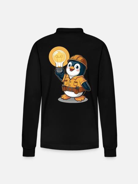 Penguin Electrician With Light Bulb - Stanley/Stella Organic Unisex Long-Sleeved Polo Shirt Prepster - black
