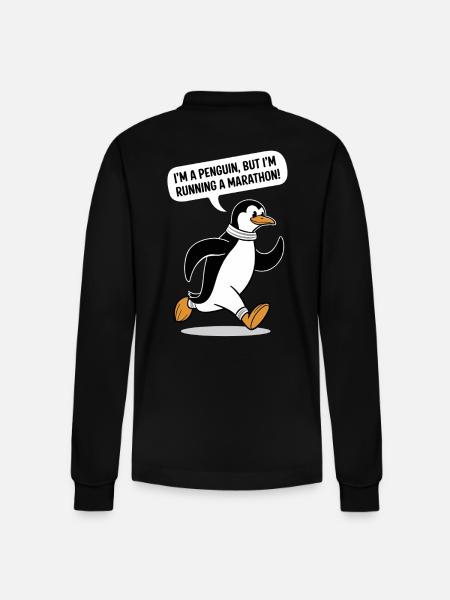 Penguin Marathon Runner Motif - Stanley/Stella Organic Unisex Long-Sleeved Polo Shirt Prepster - black