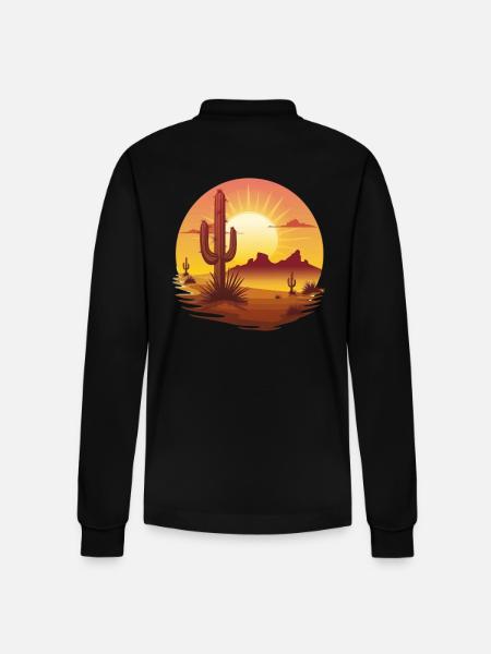 Sunset Cactus Desert Landscape - Stanley/Stella Organic Unisex Long-Sleeved Polo Shirt Prepster - black