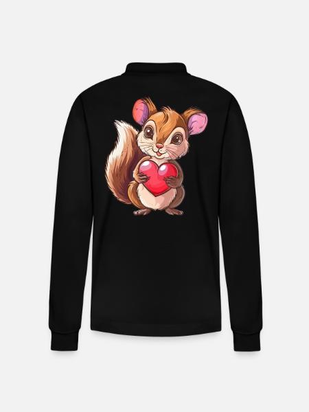 Cute Squirrel Holding a Heart - Stanley/Stella Organic Unisex Long-Sleeved Polo Shirt Prepster - black