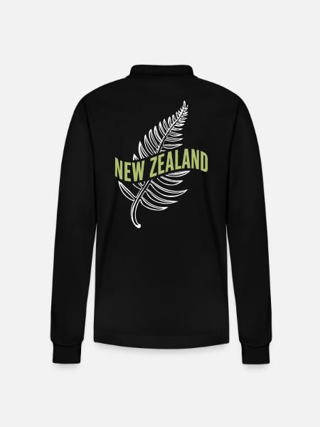 New Zealand Souvenir - Koru Fern Leaf Motif - Stanley/Stella Organic Unisex Long-Sleeved Polo Shirt Prepster - black