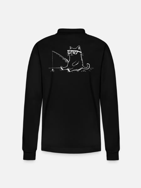 Cat with sunglasses fishing - Stanley/Stella Organic Unisex Long-Sleeved Polo Shirt Prepster - black