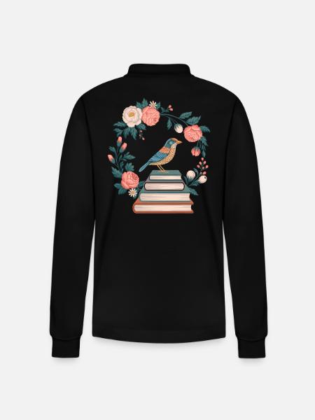 Cottagecore uccello e fiori pila di libri - Polo a manica lunga ecologica unisex Prepster di Stanley/Stella - nero