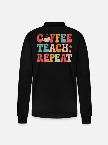 Coffee Teaching Repeating Teacher Design - Stanley/Stella Organic Unisex Long-Sleeved Polo Shirt Prepster - black