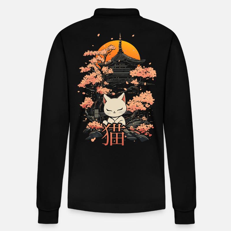 Neko - Chat japonais et sakura - Polo à manches longues bio PREPSTER Stanley/Stella Unisexe - noir