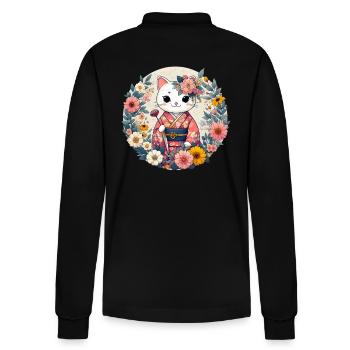Kimono Cat with Flowers - Stanley/Stella Organic Unisex Long-Sleeved Polo Shirt Prepster - black - Back - Anna (173cm)