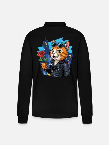 Sej kat med rose – Charm Offensive! - Stanley/Stella Prepster økologisk unisex langærmet poloshirt - sort
