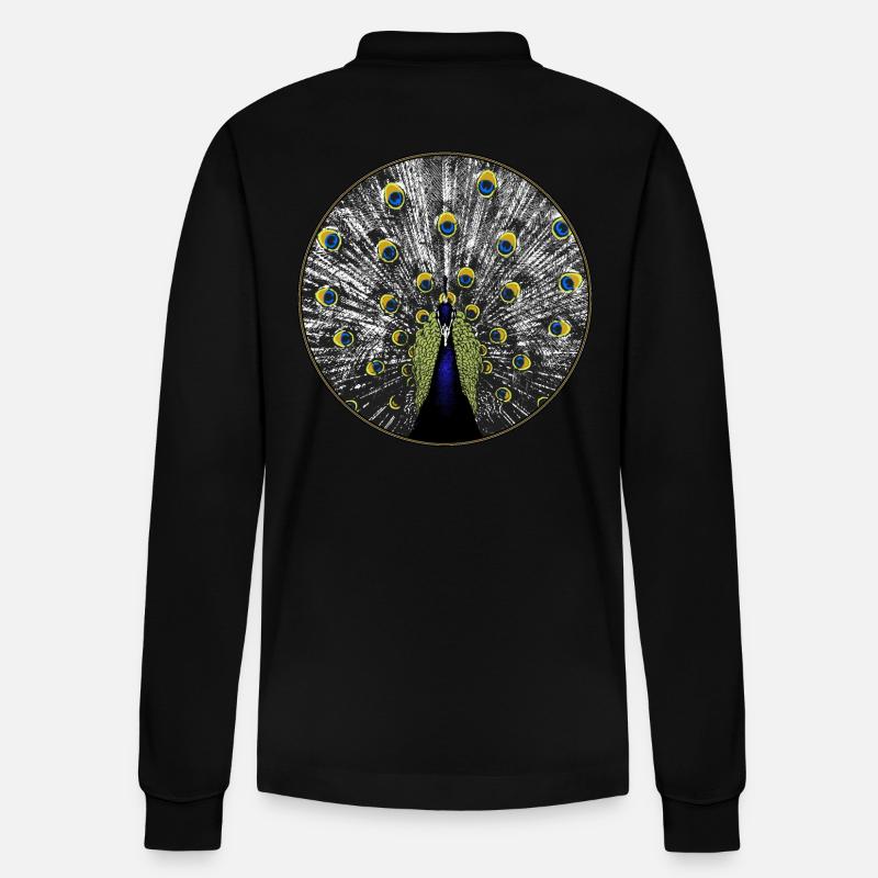 Pfau in Holzschnitt-Optik - Stanley/Stella Unisex Bio-Langarm-Poloshirt Prepster - Schwarz
