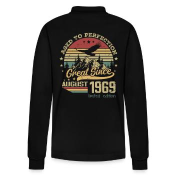 55 years old Aged to Perfection born in August 1969 - Stanley/Stella Organic Unisex Long-Sleeved Polo Shirt Prepster - black - Back - Anna (173cm)