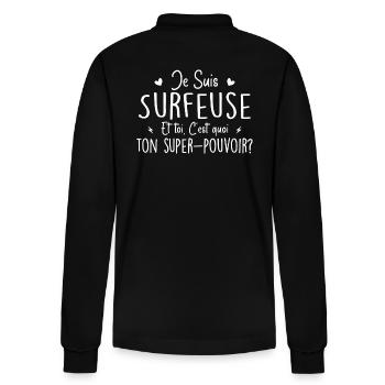 Ich bin Surfer. Was ist deine Superkraft? - Stanley/Stella Unisex Bio-Langarm-Poloshirt Prepster - Schwarz - Hinten - Anna (173cm)