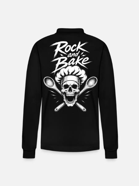 Rock and Bake Skull Motif - Stanley/Stella Organic Unisex Long-Sleeved Polo Shirt Prepster - black