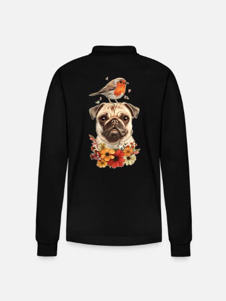 Pug with bird - Stanley/Stella Organic Unisex Long-Sleeved Polo Shirt Prepster - black