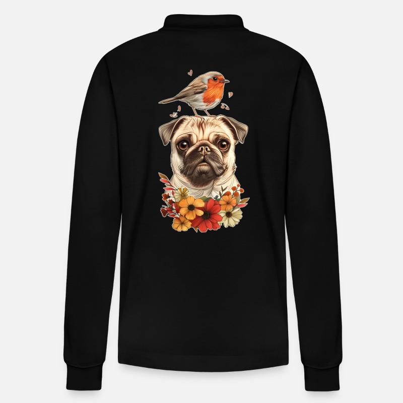Mops mit Vogel - Stanley/Stella Unisex Bio-Langarm-Poloshirt Prepster - Schwarz