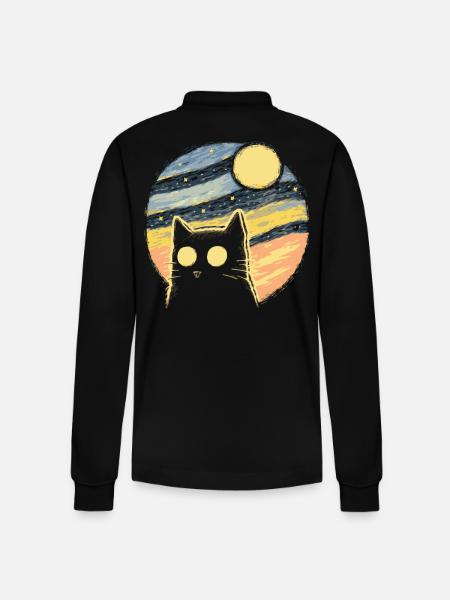Starry Night Retro Cat - Stanley/Stella Organic Unisex Long-Sleeved Polo Shirt Prepster - black