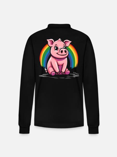 Niedliches Regenbogen Schwein - Stanley/Stella Unisex Bio-Langarm-Poloshirt Prepster - Schwarz